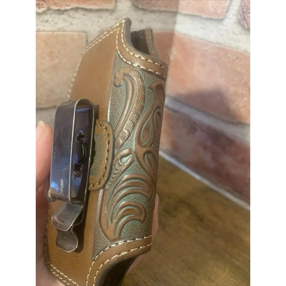 Nocona Phone Holder Case Leather Round Concho Turquoise & Brown With Clip